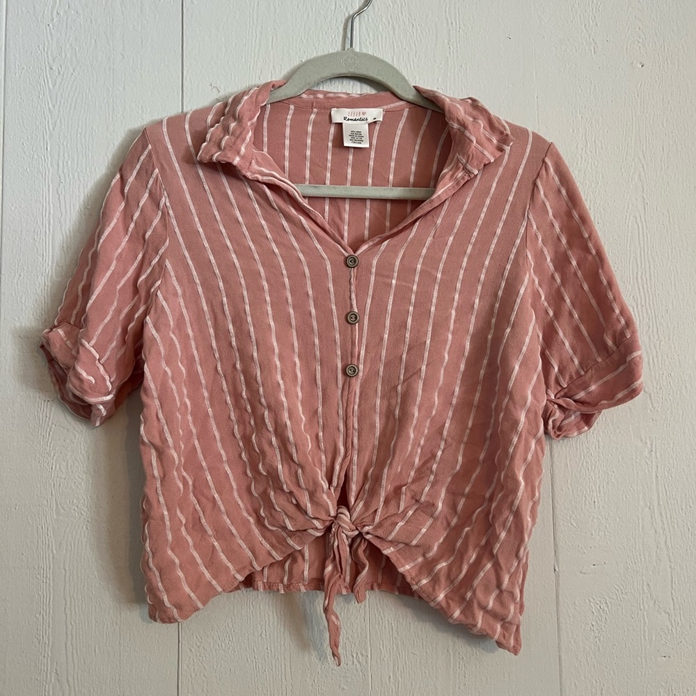 URBAN Romantics pink striped button down with tie in front. Size Medium.